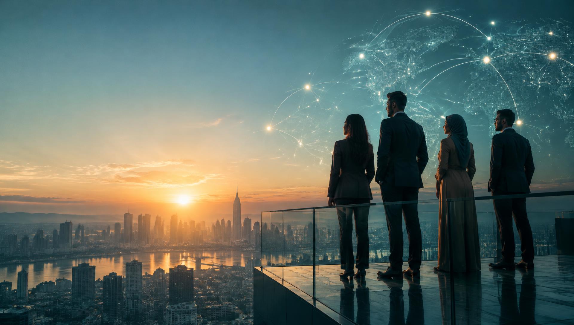 Young global leaders at dawn overlooking a connected city